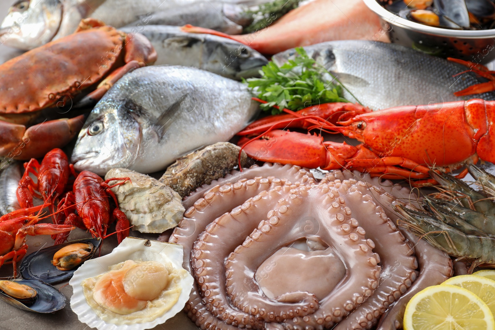 Photo of Many different sea food, parsley and lemon on table, closeup