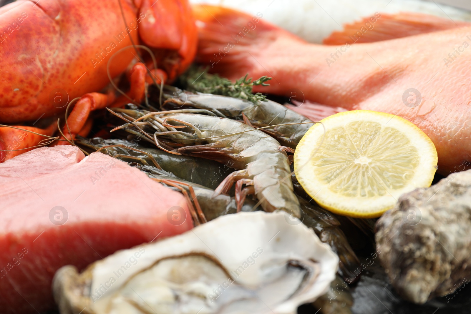 Photo of Fresh raw shrimps and other sea food as background, closeup