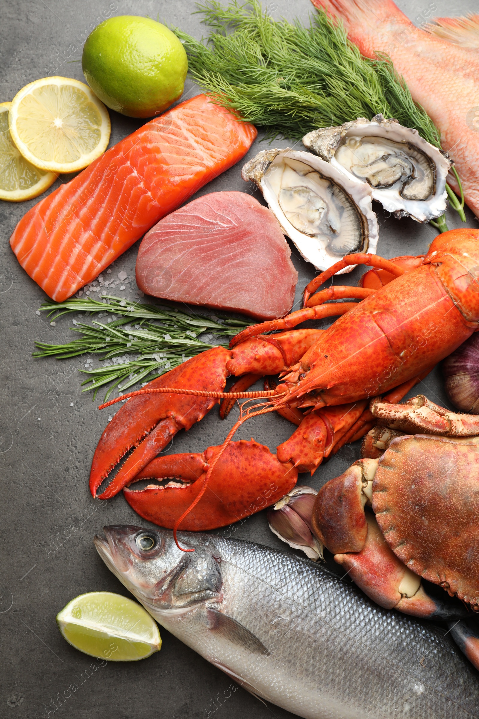 Photo of Different sea food on grey table, flat lay