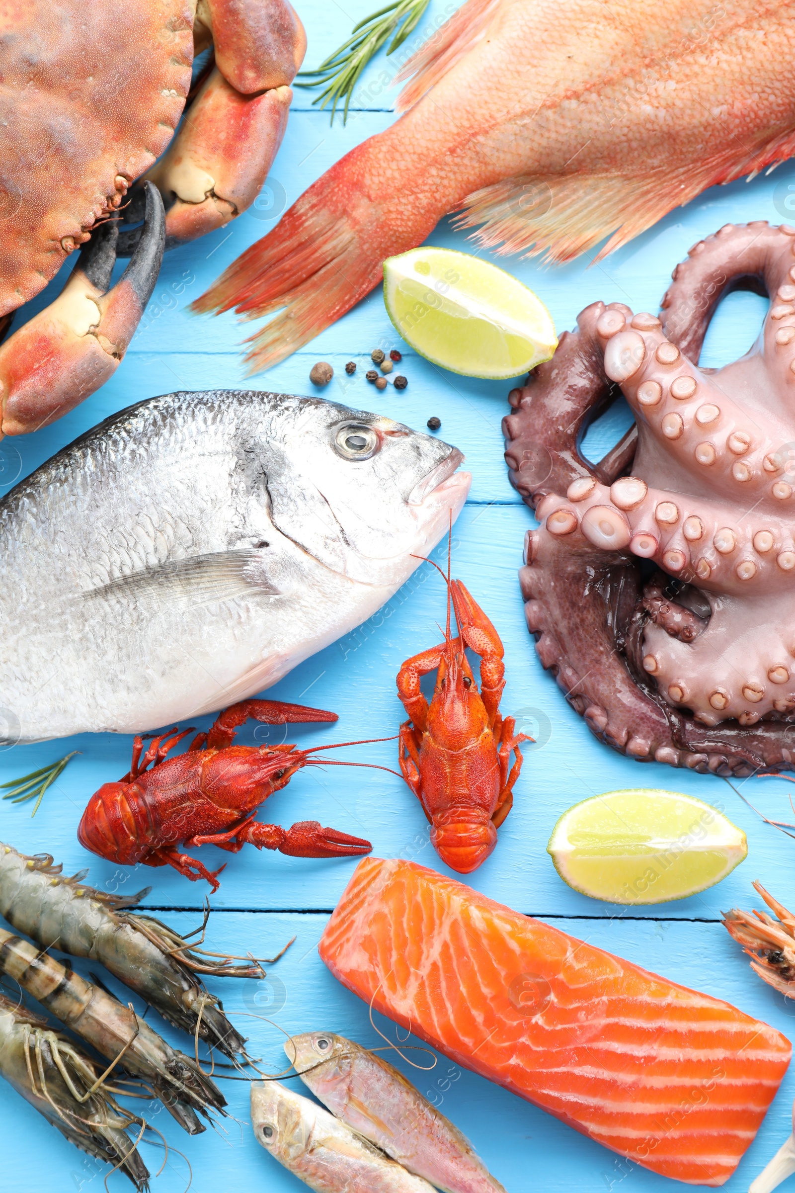 Photo of Different sea food on light blue wooden table, flat lay