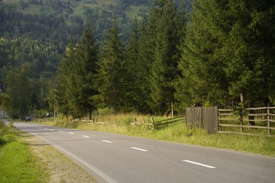 Photo of Beautiful view of green trees and asphalt road in mountains