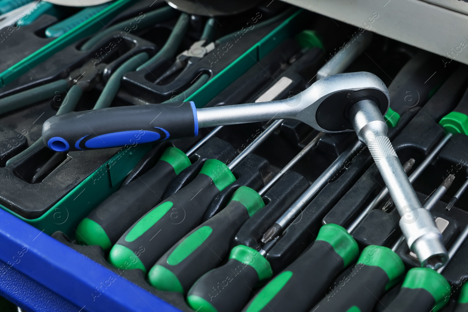 Photo of Set of different auto mechanic's tools, closeup