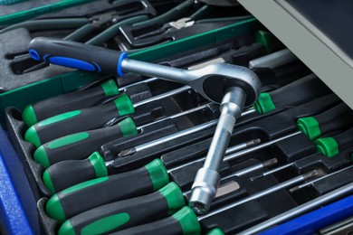 Photo of Set of different auto mechanic's tools, closeup