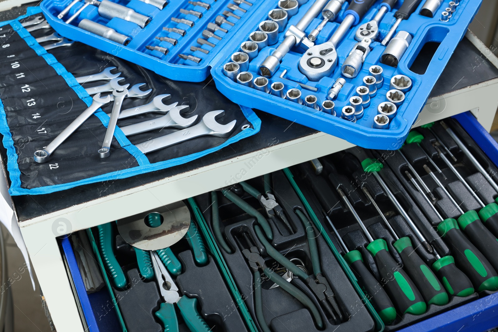 Photo of Set of different auto mechanic's tools, closeup