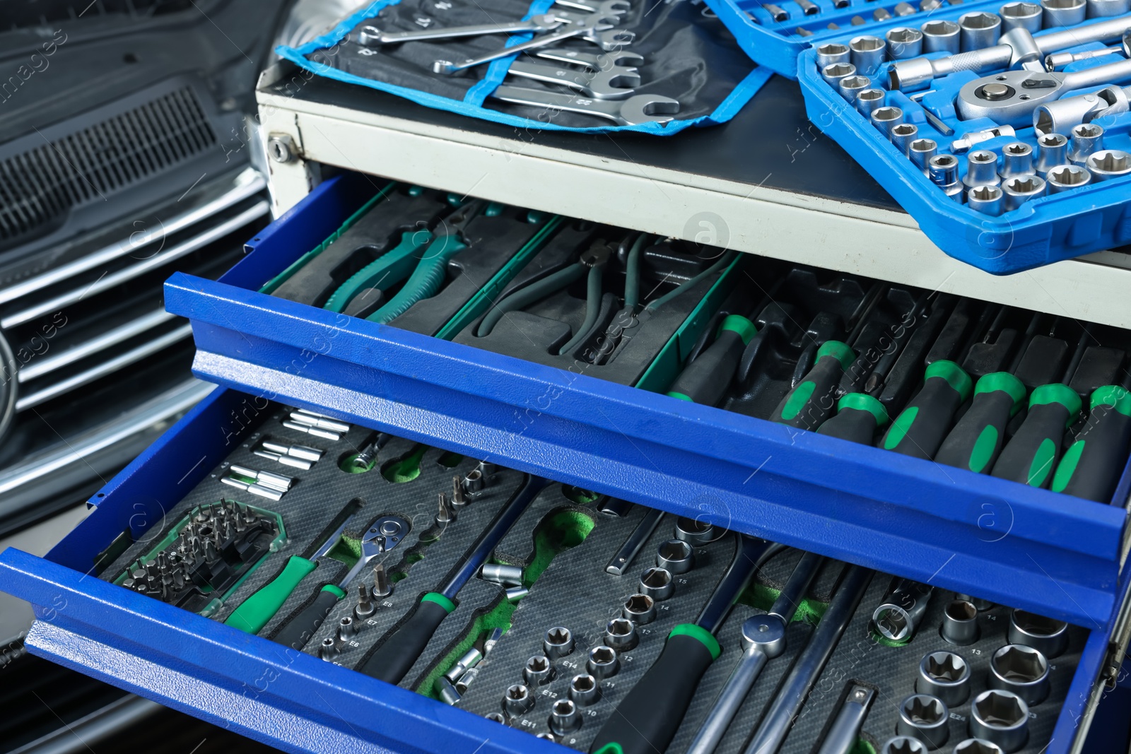 Photo of Set of different auto mechanic's tools, closeup