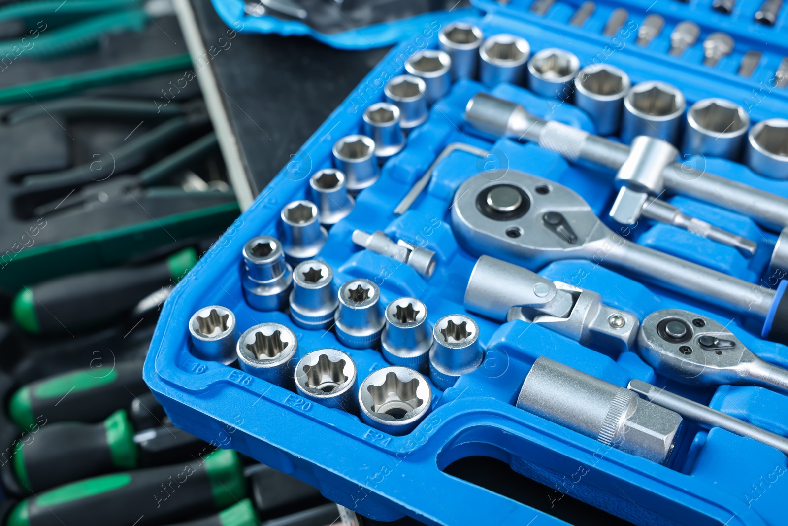 Photo of Set of different auto mechanic's tools, closeup