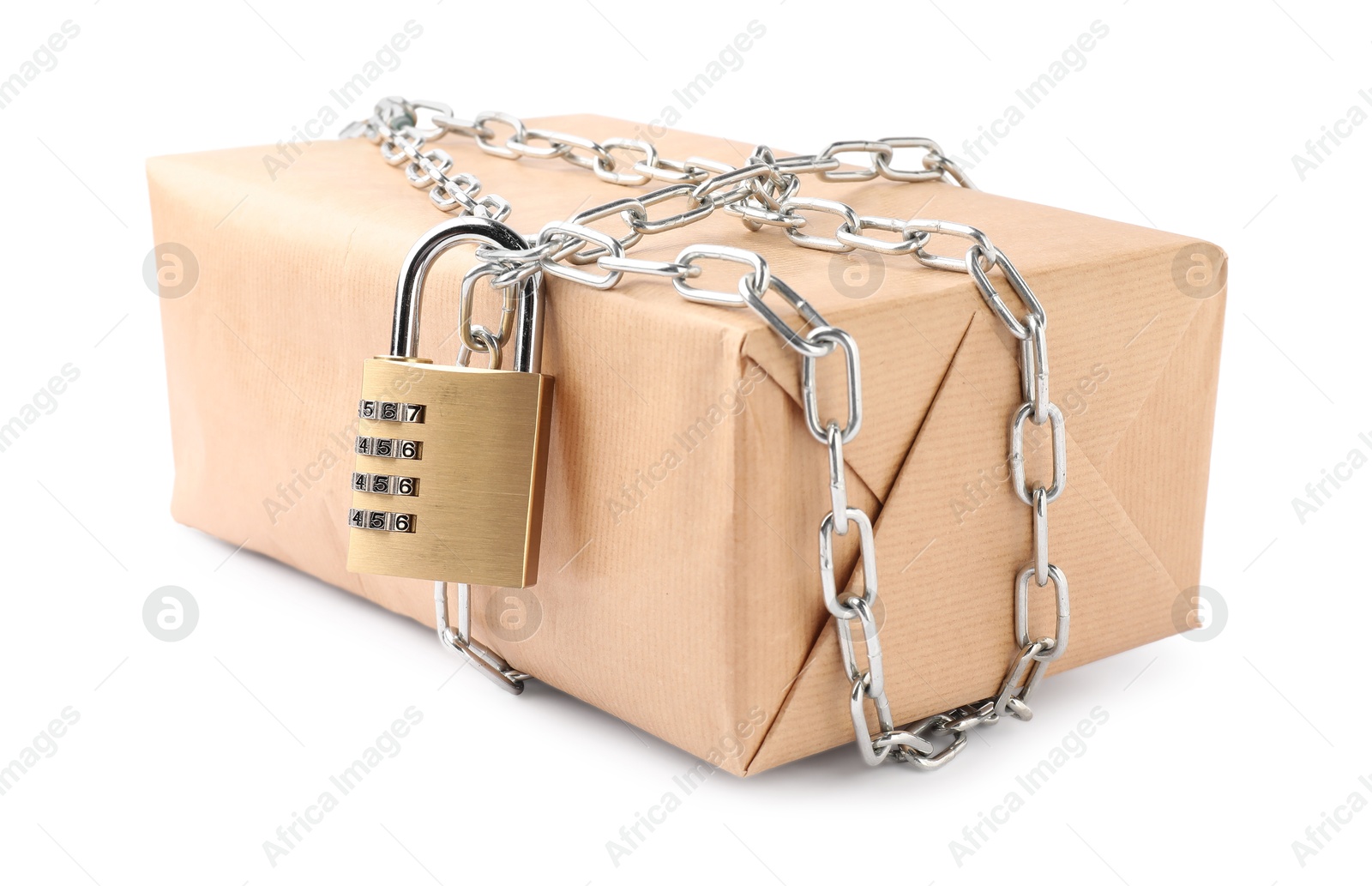 Photo of One parcel with chain and padlock isolated on white