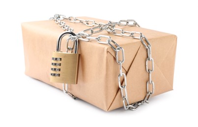 Photo of One parcel with chain and padlock isolated on white