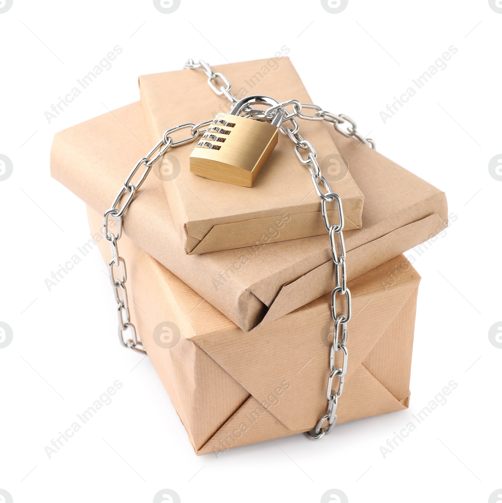 Photo of Parcels with chain and padlock isolated on white