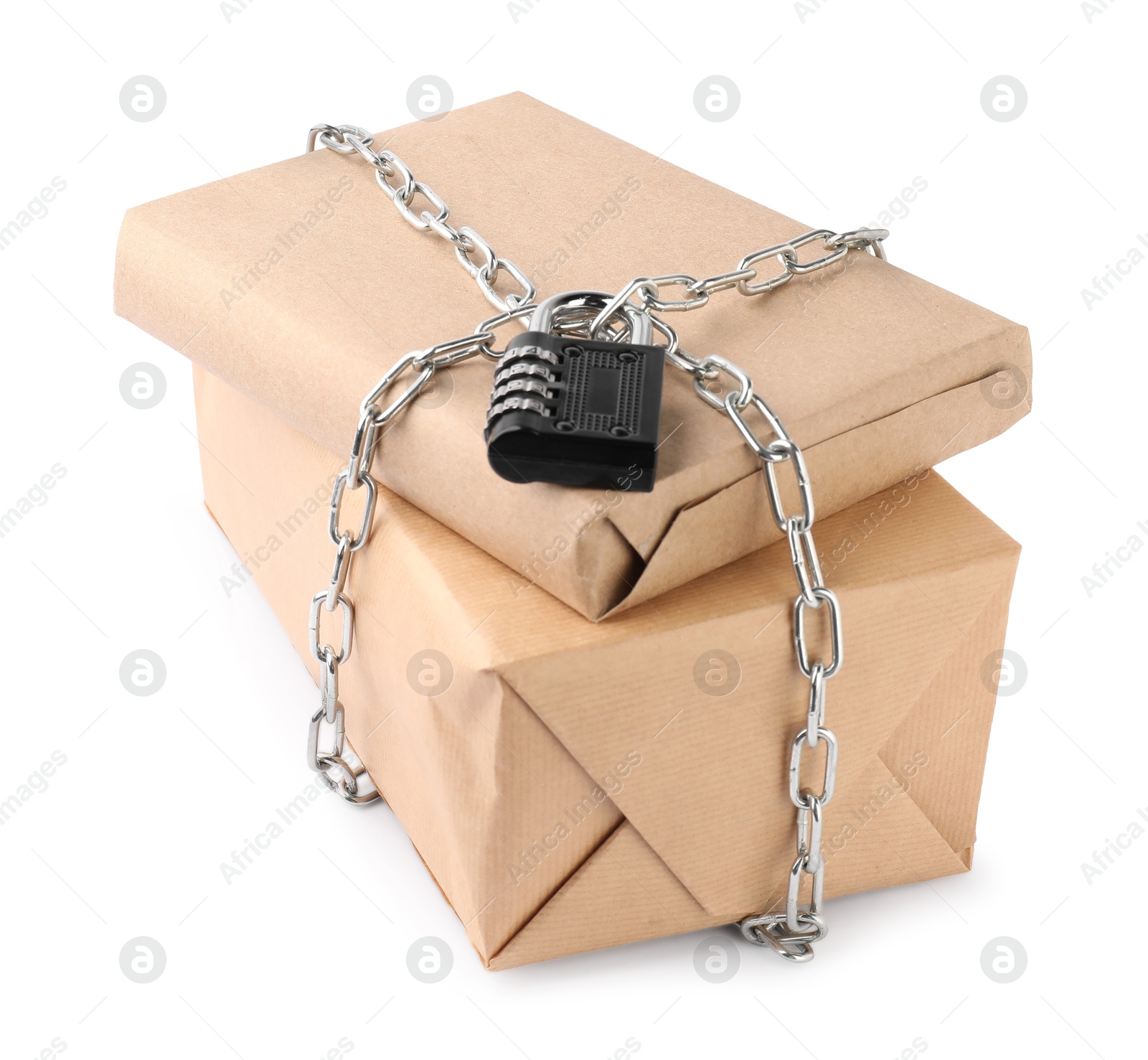 Photo of Parcels with chain and padlock isolated on white