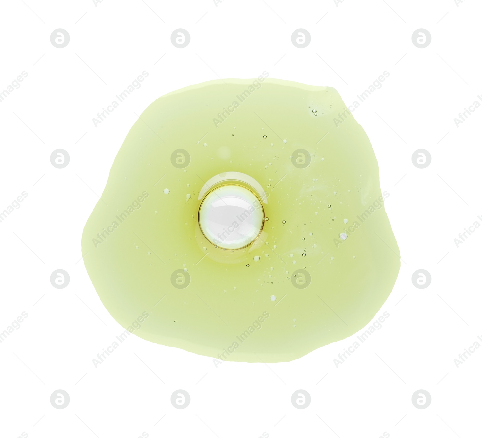 Photo of Essential oil drop isolated on white, top view. Cosmetic product