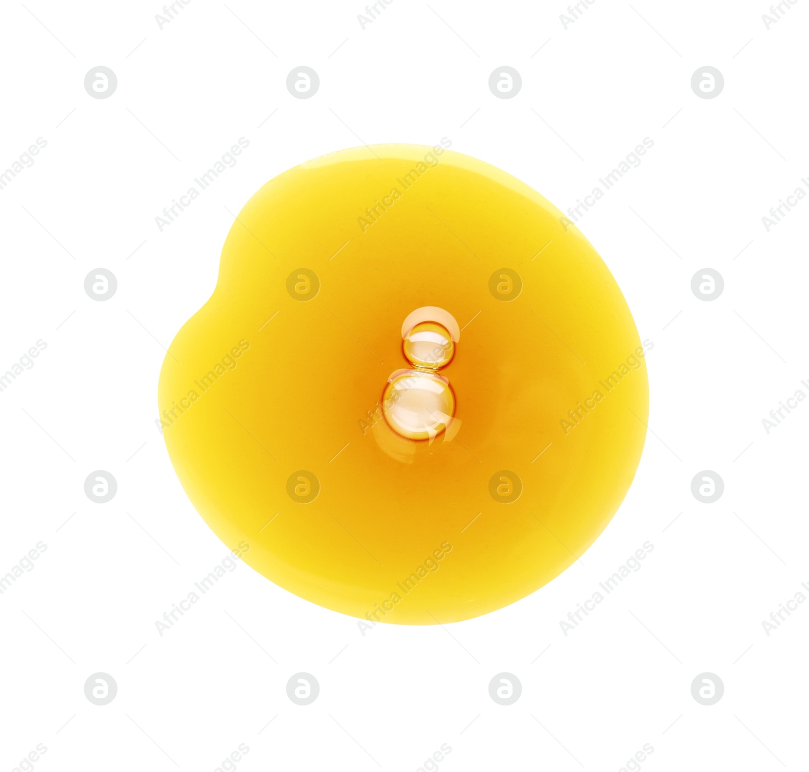 Photo of Essential oil drop isolated on white, top view. Cosmetic product