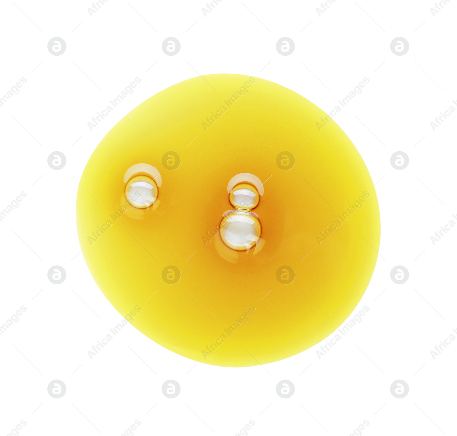 Photo of Essential oil drop isolated on white, top view. Cosmetic product