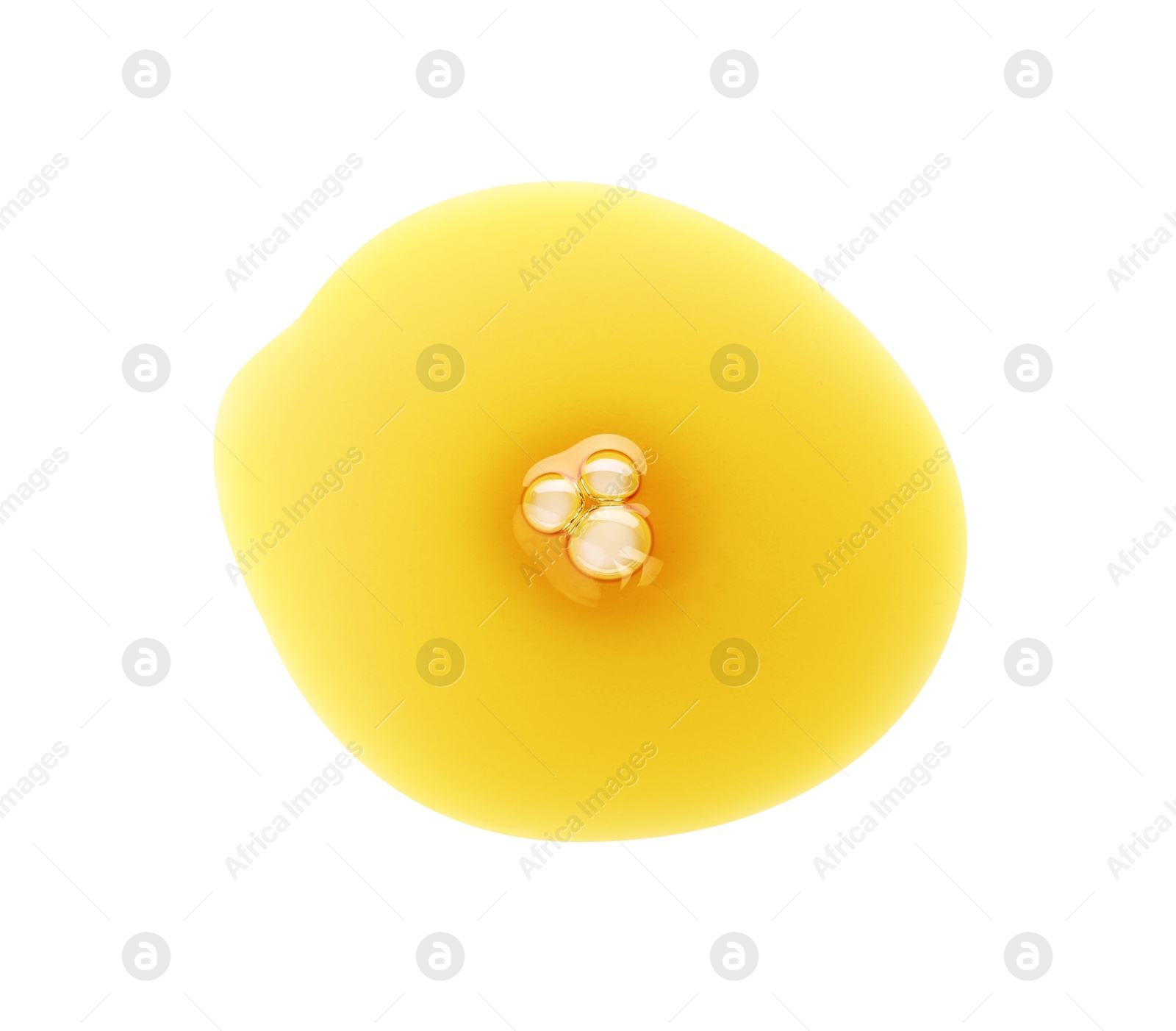 Photo of Essential oil drop isolated on white, top view. Cosmetic product