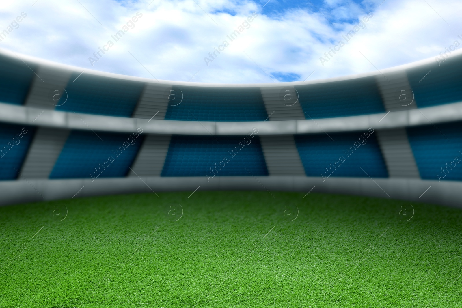 Image of Football stadium with green grass and seat under sky