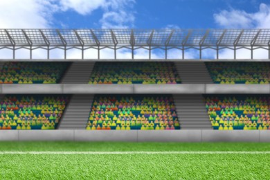 Image of Football stadium with green grass and seat under sky