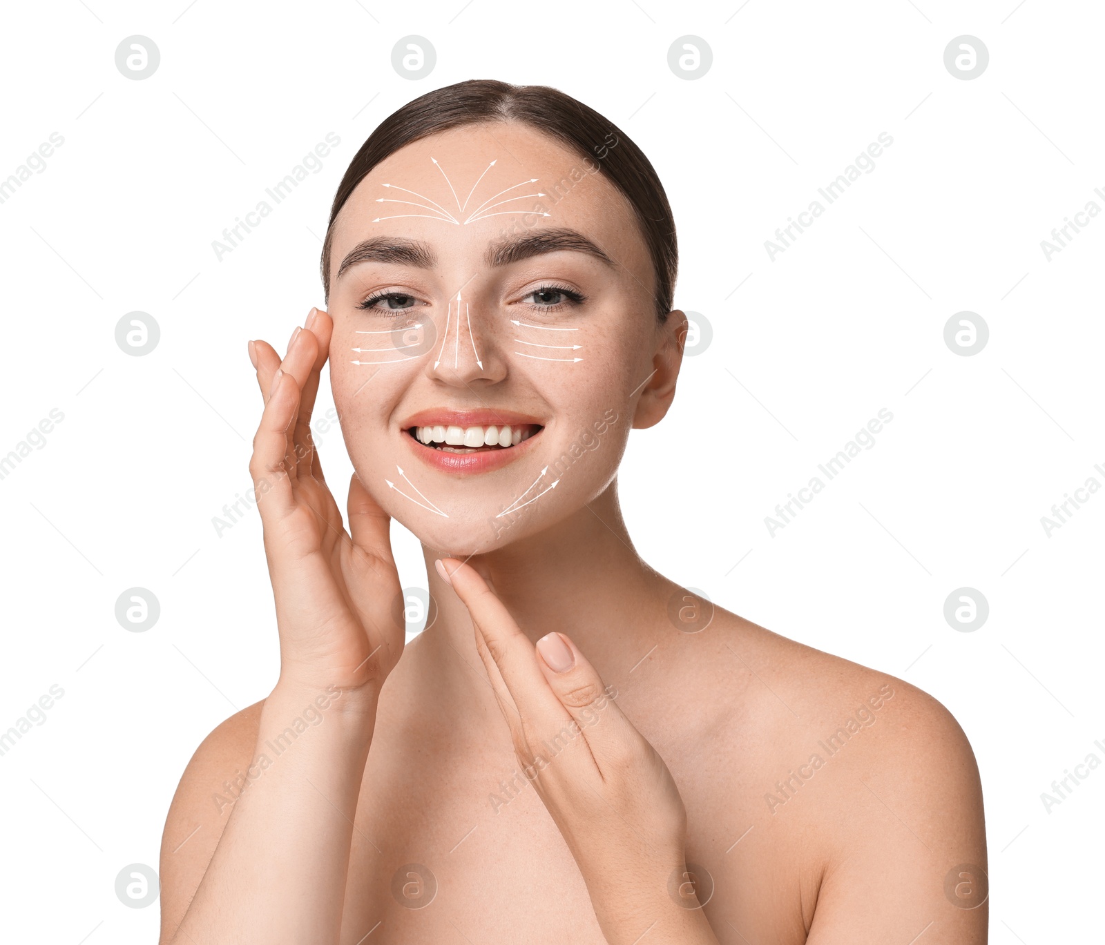 Image of Beautiful young woman doing face massage with fingers on white background. Lines on skin showing directions of motion