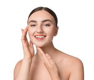 Image of Beautiful young woman doing face massage with fingers on white background. Lines on skin showing directions of motion