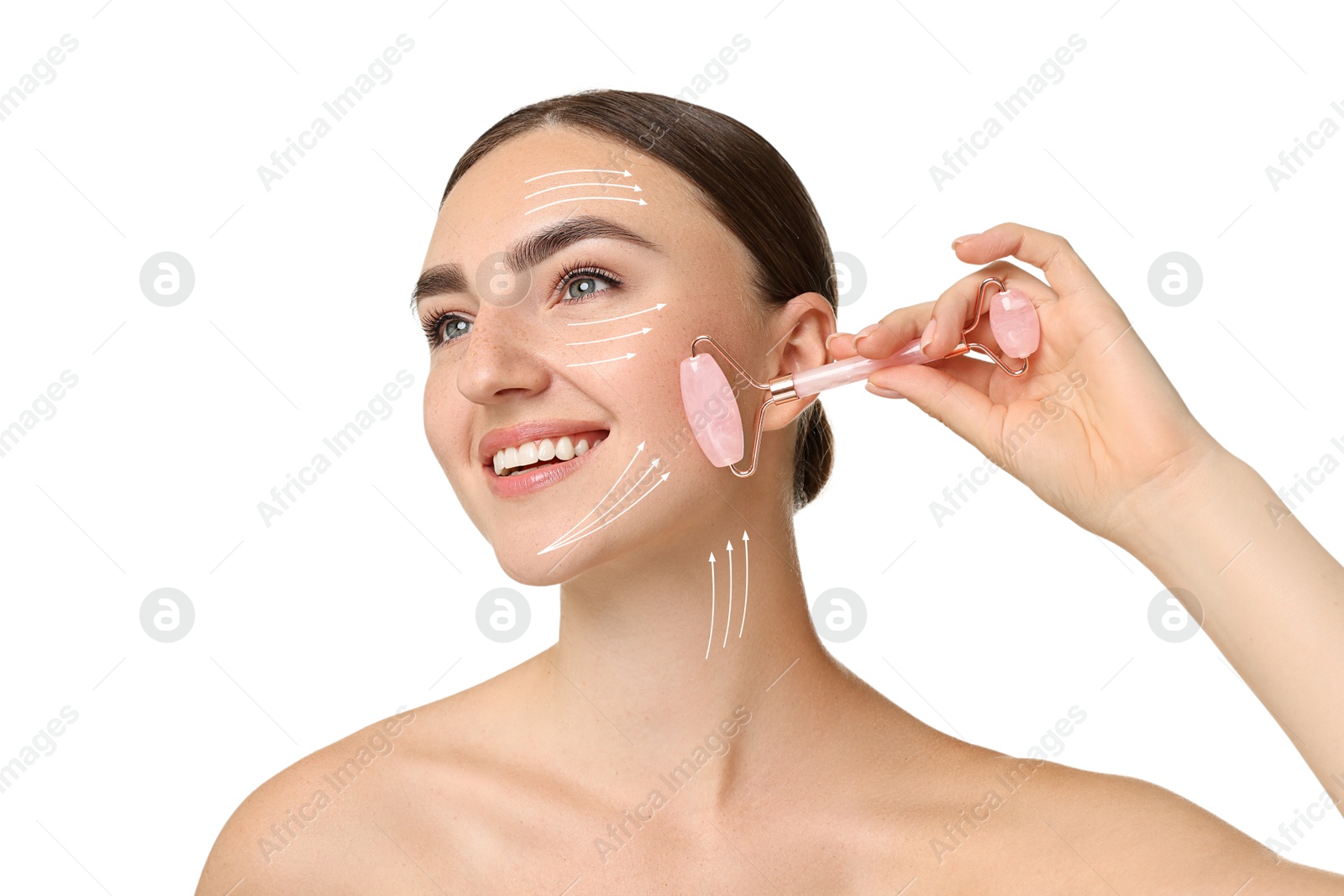 Image of Beautiful young woman doing facial massage with roller on white background. Lines on skin showing directions of motion