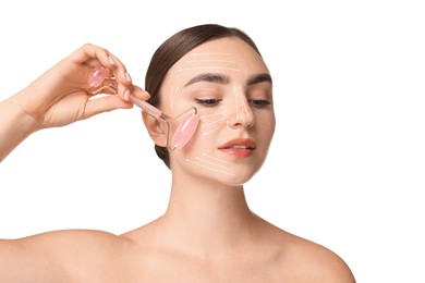 Image of Beautiful young woman doing facial massage with roller on white background. Lines on skin showing directions of motion