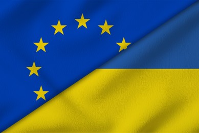 Image of Flags of European Union and Ukraine, top view