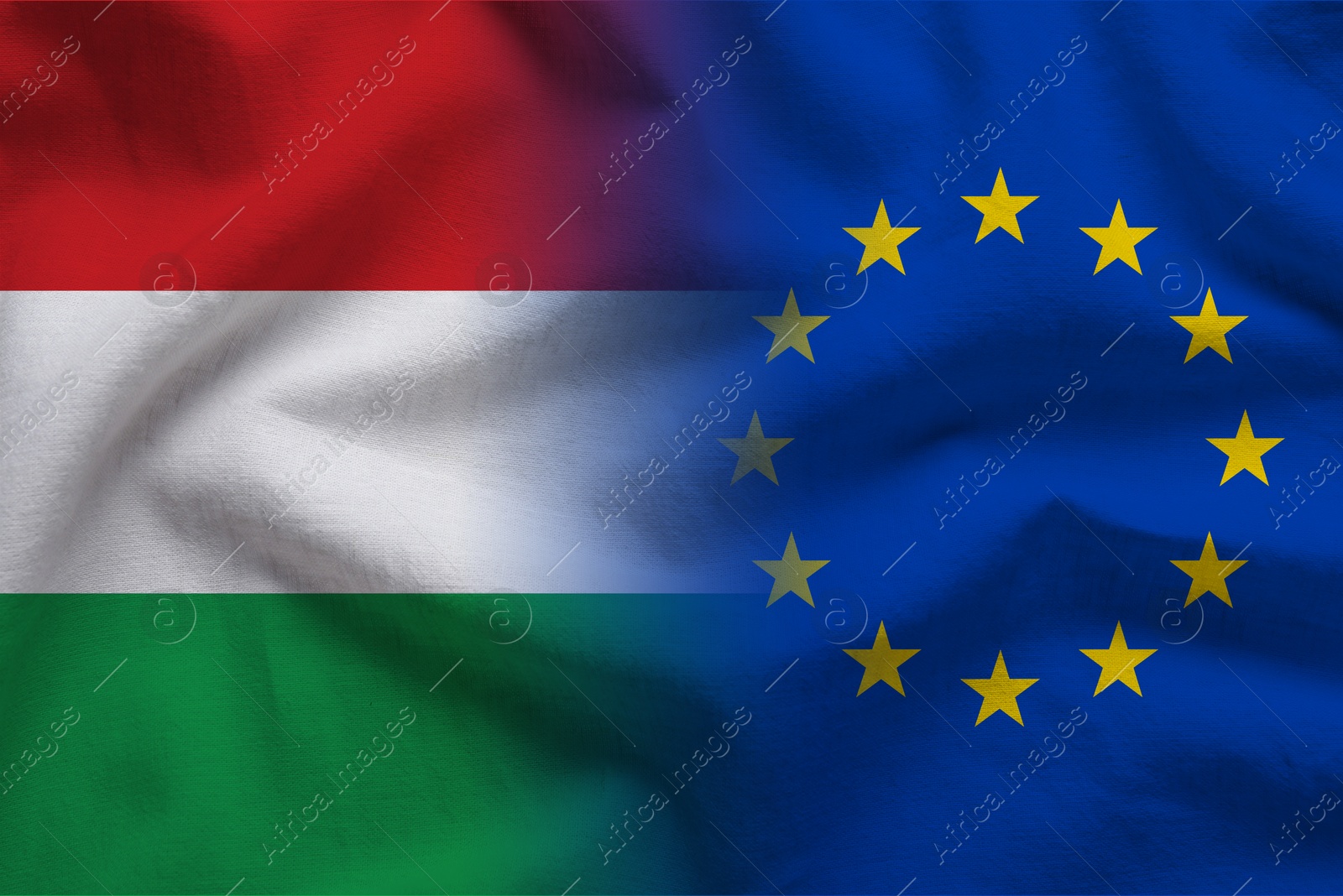 Image of Flags of European Union and Hungary, double exposure