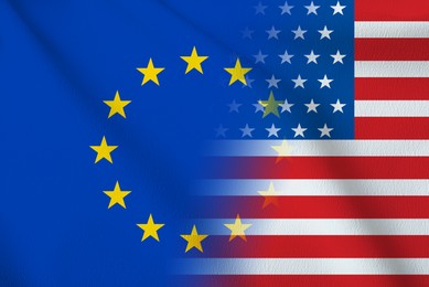 Image of Flags of European Union and USA, double exposure