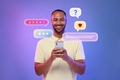 Happy man sending message via smartphone on color background. Different speech bubbles near device