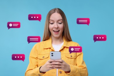 Image of Happy woman sending message via smartphone on light blue background. Different speech bubbles near her