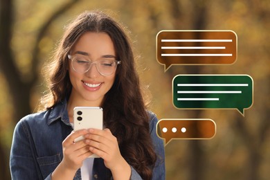 Happy woman sending message via smartphone outdoors. Different speech bubbles near her