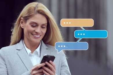 Image of Happy businesswoman sending message via smartphone on outdoors. Speech bubbles near device