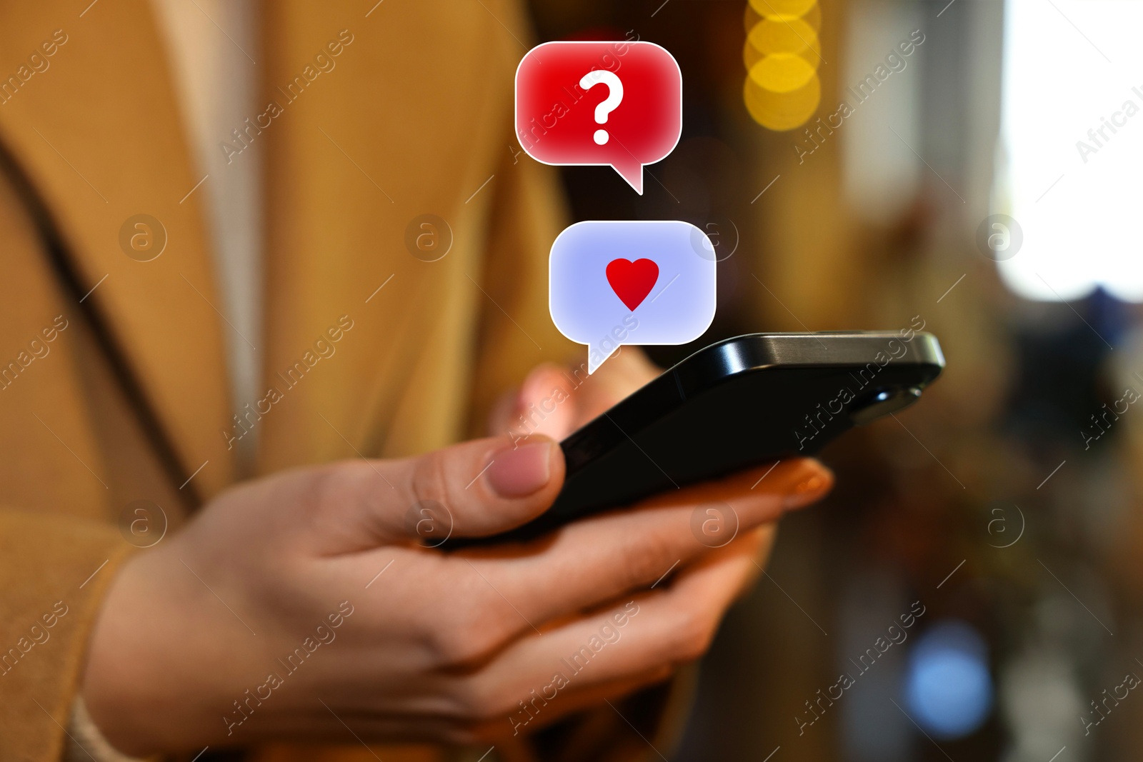 Image of Woman sending message via smartphone outdoors, closeup. Different speech bubbles near device