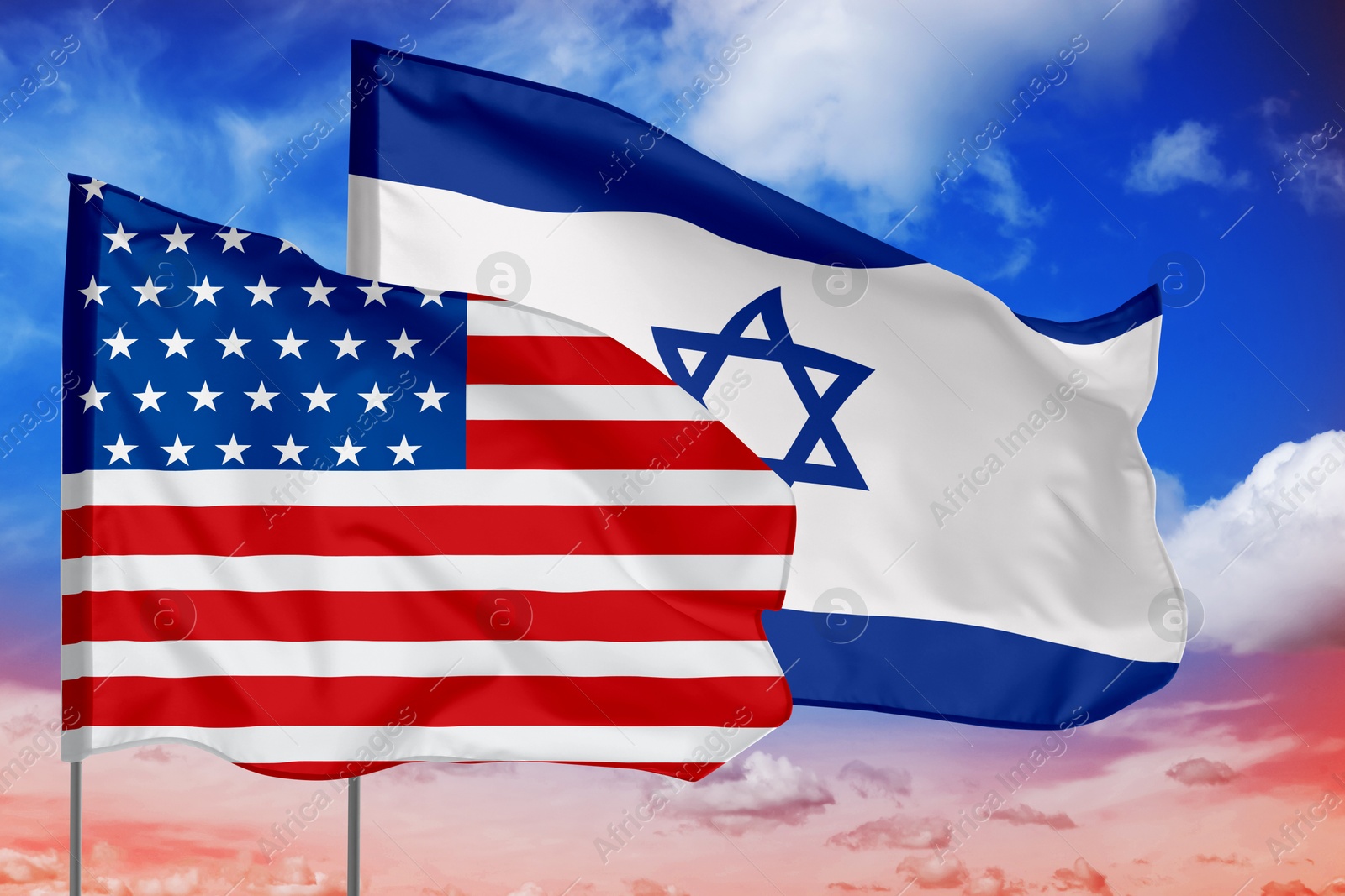 Image of Flags of USA and Israel against sky. Diplomatic international relations