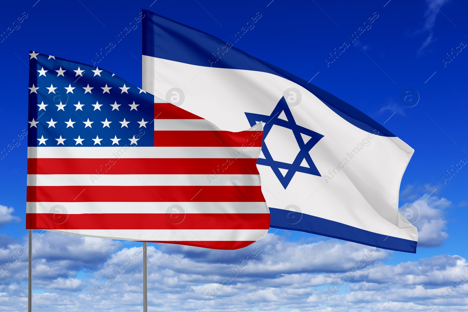 Image of Flags of USA and Israel against sky. Diplomatic international relations