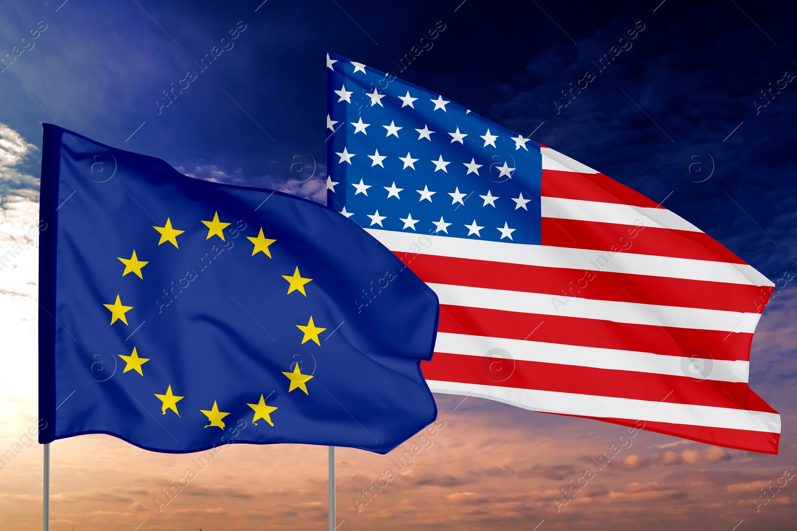 Image of Flags of European Union and USA against sky. Diplomatic international relations