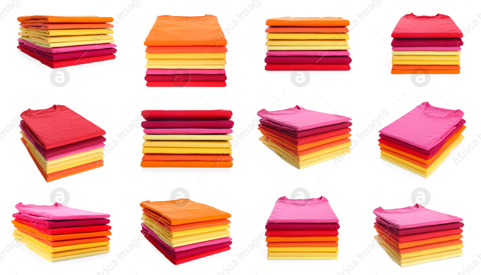 Image of Stacked t-shirts isolated on white, collage of views from different sides