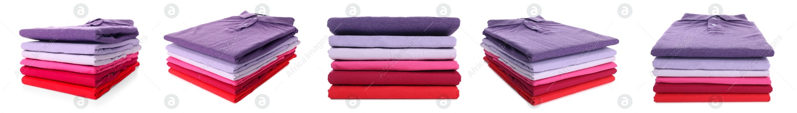 Image of Stacked t-shirts isolated on white, collage of views from different sides