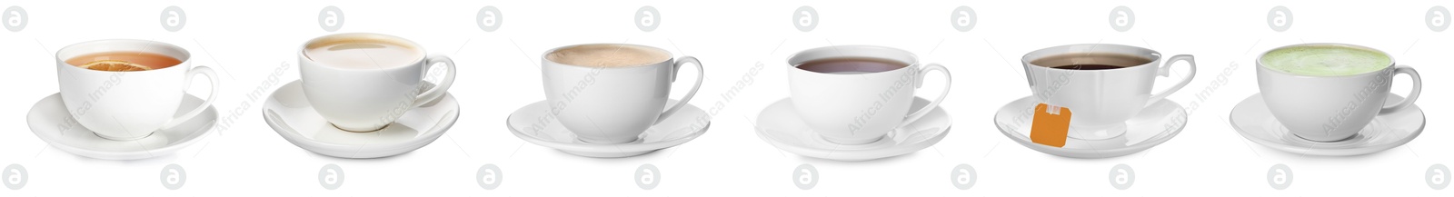 Image of Coffee and other beverages in cups isolated on white, set