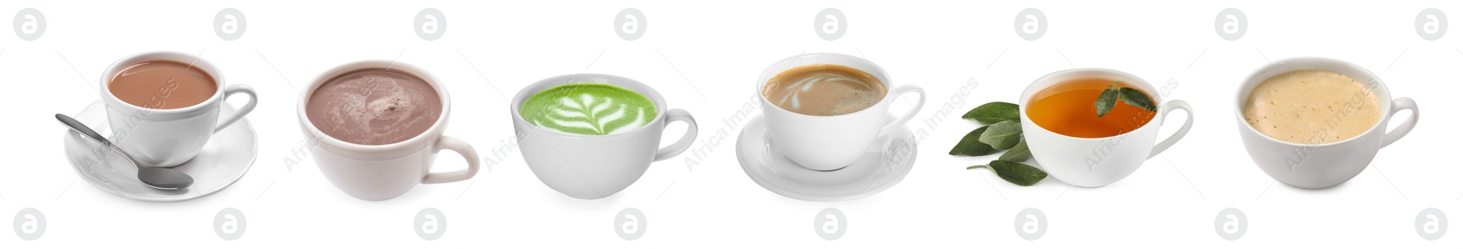 Image of Coffee and other beverages in cups isolated on white, set