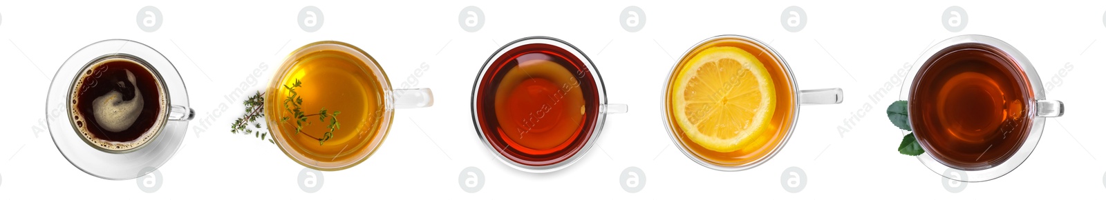 Image of Coffee and other beverages in glass cups isolated on white, set. Top view