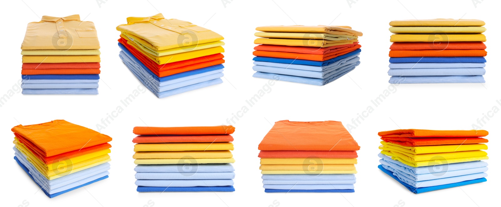 Image of Stacked t-shirts isolated on white, collage of views from different sides