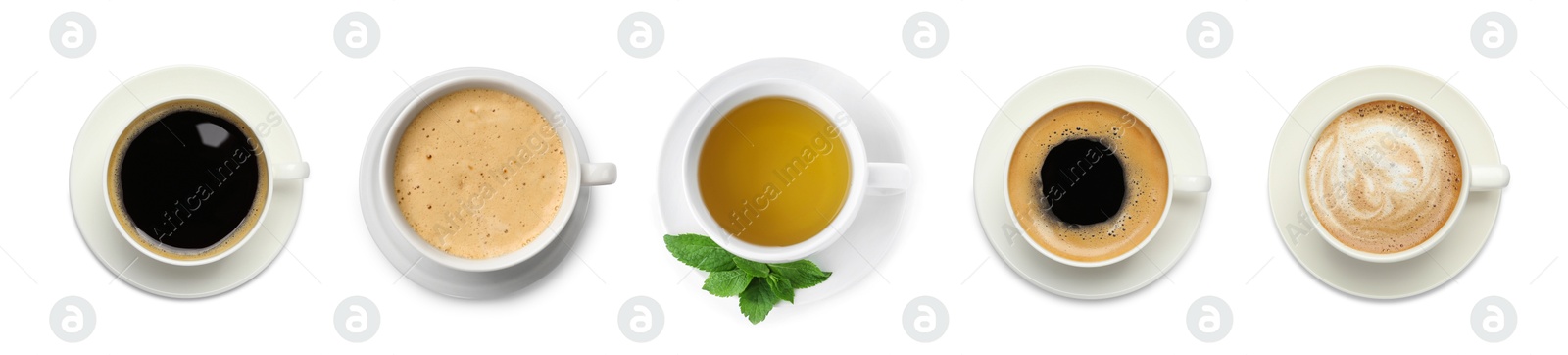 Image of Coffee and other beverages in cups isolated on white, set. Top view