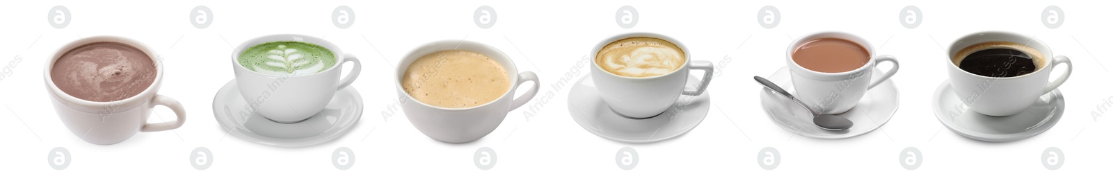 Image of Coffee and other beverages in cups isolated on white, set