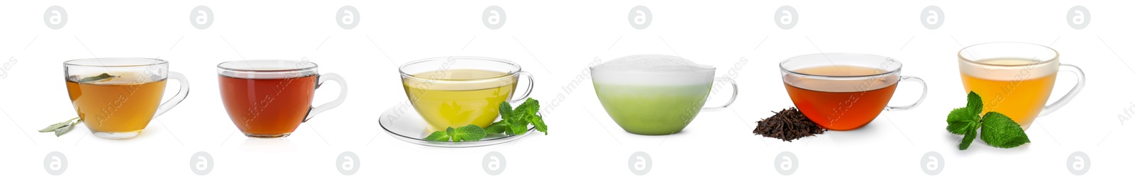 Image of Different types of tea in glass cups isolated on white, set