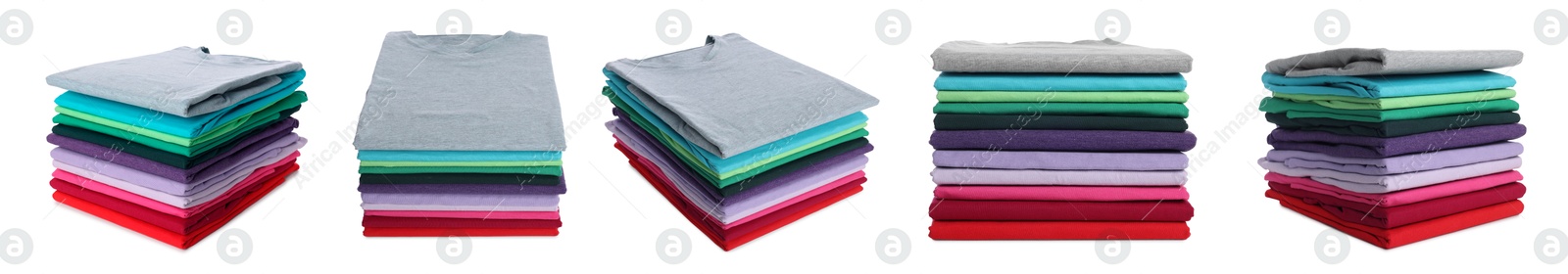 Image of Stacked t-shirts isolated on white, collage of views from different sides