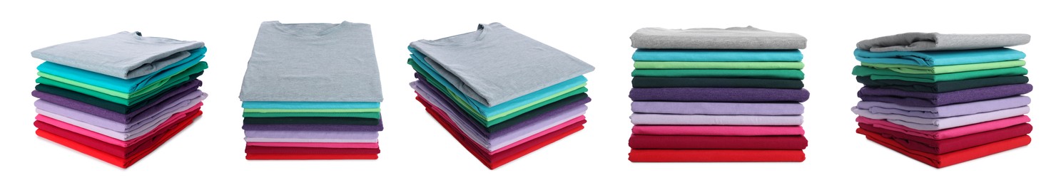 Image of Stacked t-shirts isolated on white, collage of views from different sides