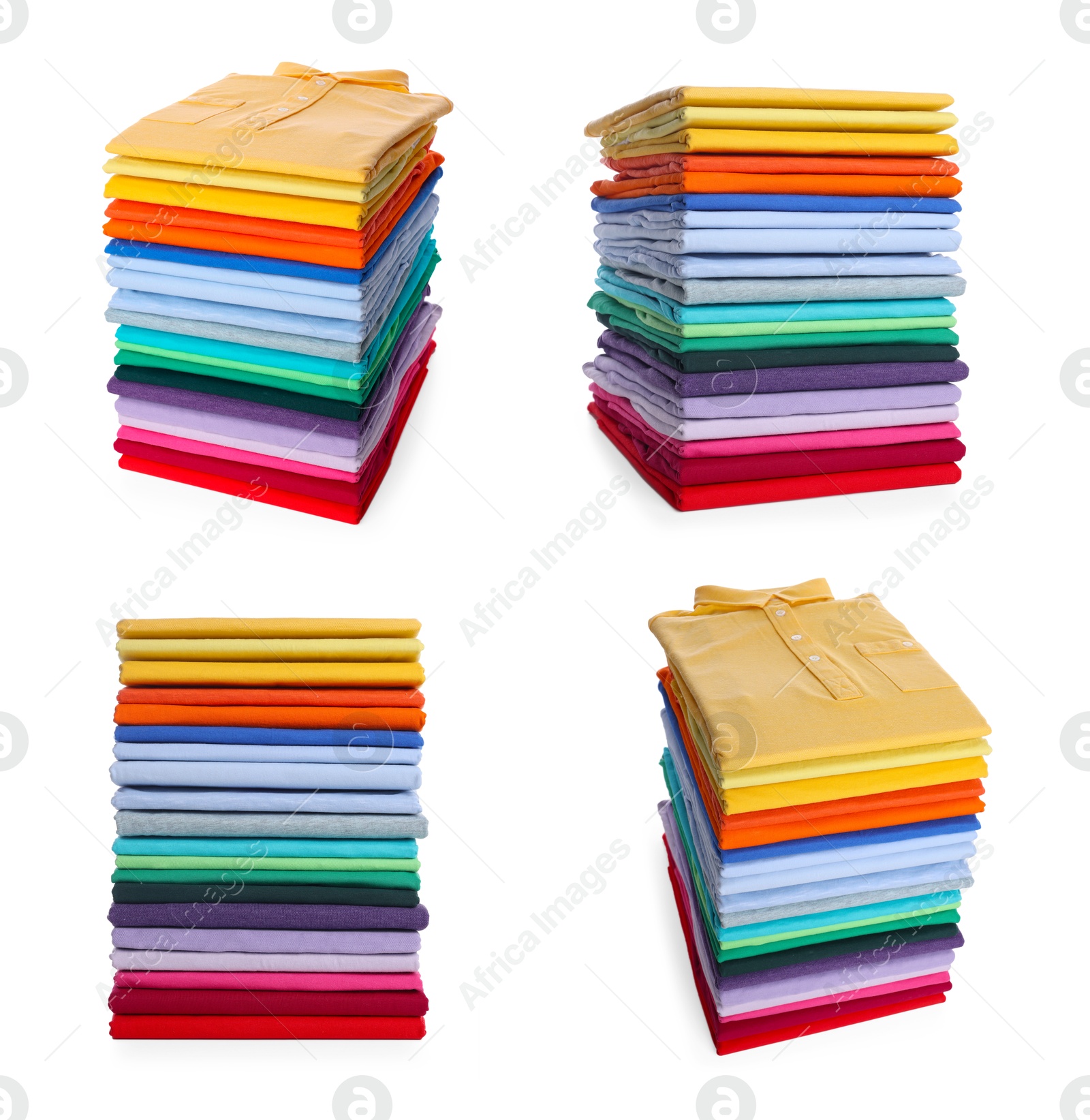 Image of Stacked t-shirts isolated on white, collage of views from different sides