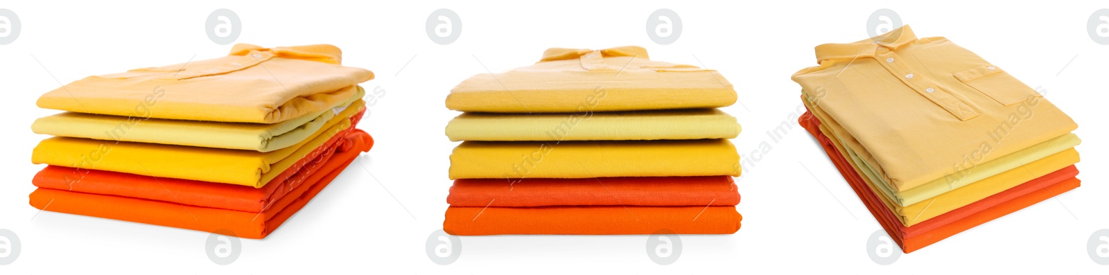 Image of Stacked t-shirts isolated on white, collage of views from different sides