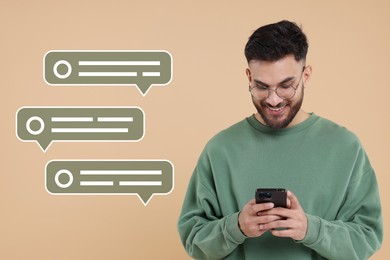 Happy man sending message via smartphone on beige background. Speech bubbles near him