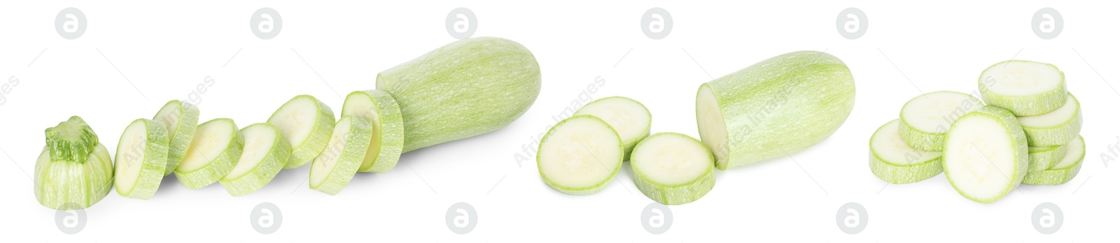 Image of Fresh ripe zucchini isolated on white, collage